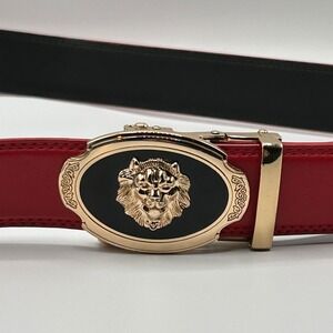 Lion Buckle Ratchet Belt Genuine‎ Leather Automatic Gold Buckle Red Men 40.5"